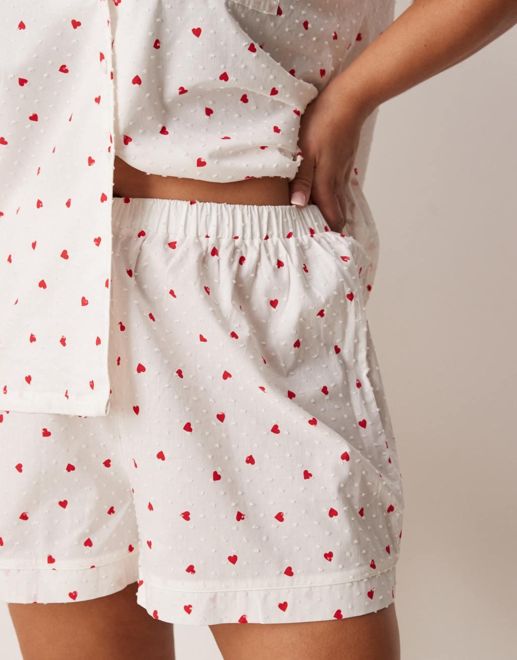 Loungeable Curve heart printed textured short sleeve shirt & shorts pajama set in ivory Product Image