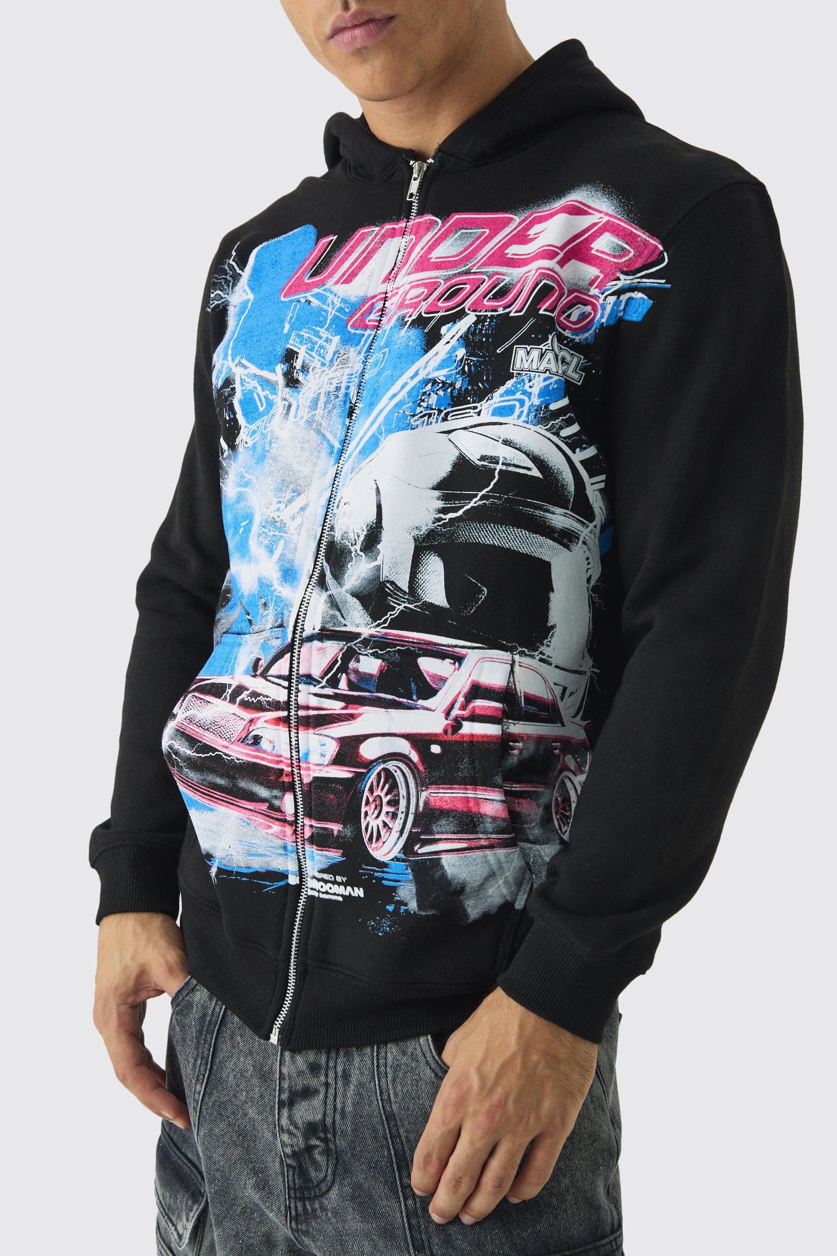 Regular Fit Large Scale Underground Moto Graphic Zip Through Hoodie | boohooMAN USA Product Image