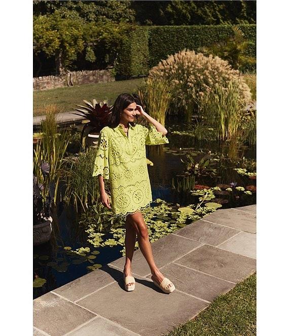 tyler boe Penny Eyelet Point Collar Split V-Neck 3/4 Bell Sleeve Scallop Dress Product Image