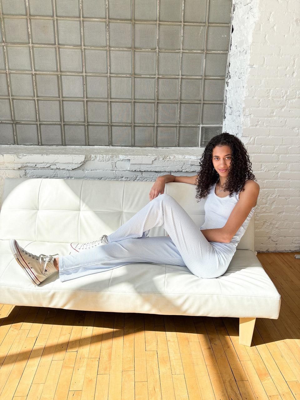 Blue Pinstripe Wide Leg Lounge Pants Product Image