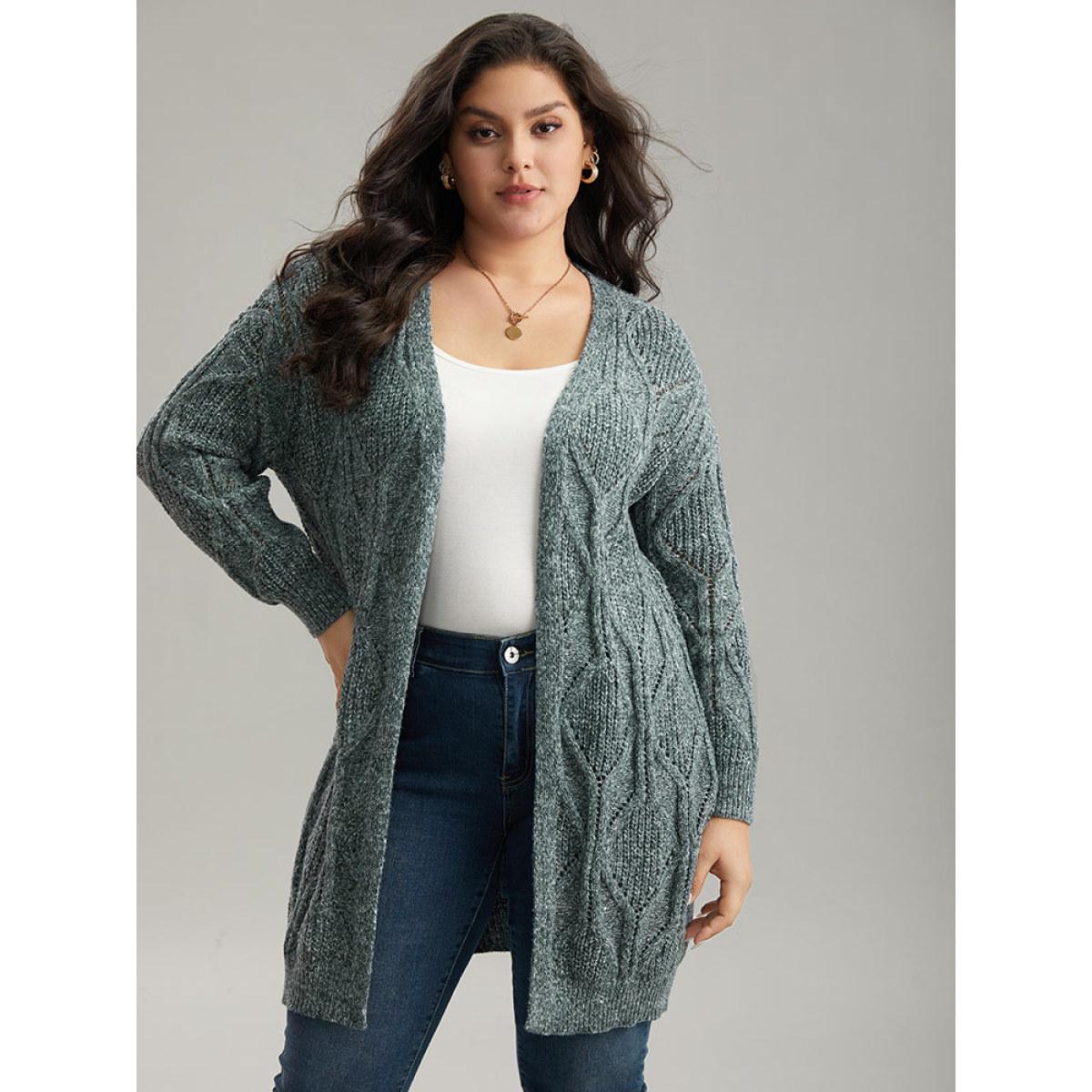 Plus Size Plain Cable Knit Drop Shoulder Cardigan DarkGreen Women Casual Loose Long Sleeve Dailywear Cardigans BloomChic 10/M Product Image
