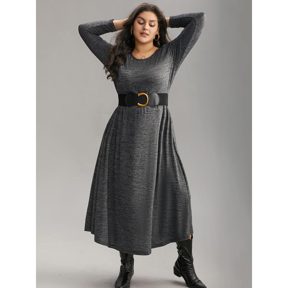 Plus Size Plain Heather Metal Buckle Detail Dress With Belt DimGray Women Casual Plain Round Neck Long Sleeve Curvy Midi Dress BloomChic 28/5X Product Image