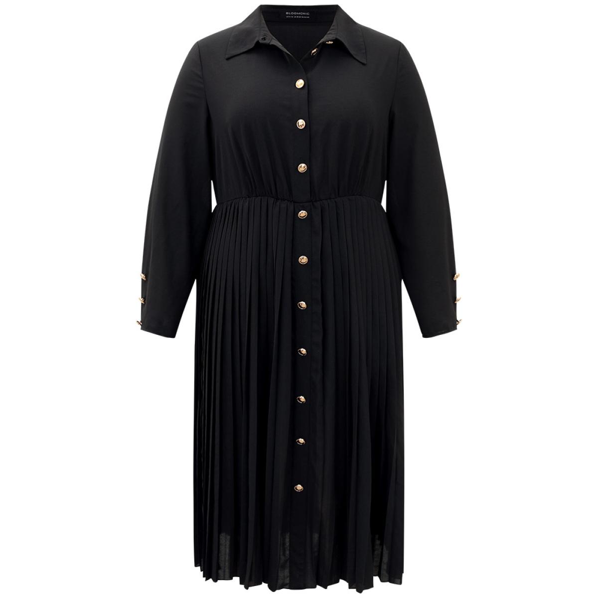 Plus Size Solid Shirt Collar Pleated Metal Detail Dress Black Women Office Plain Shirt collar Long Sleeve Curvy Midi Dress BloomChic 14-16/1X Product Image