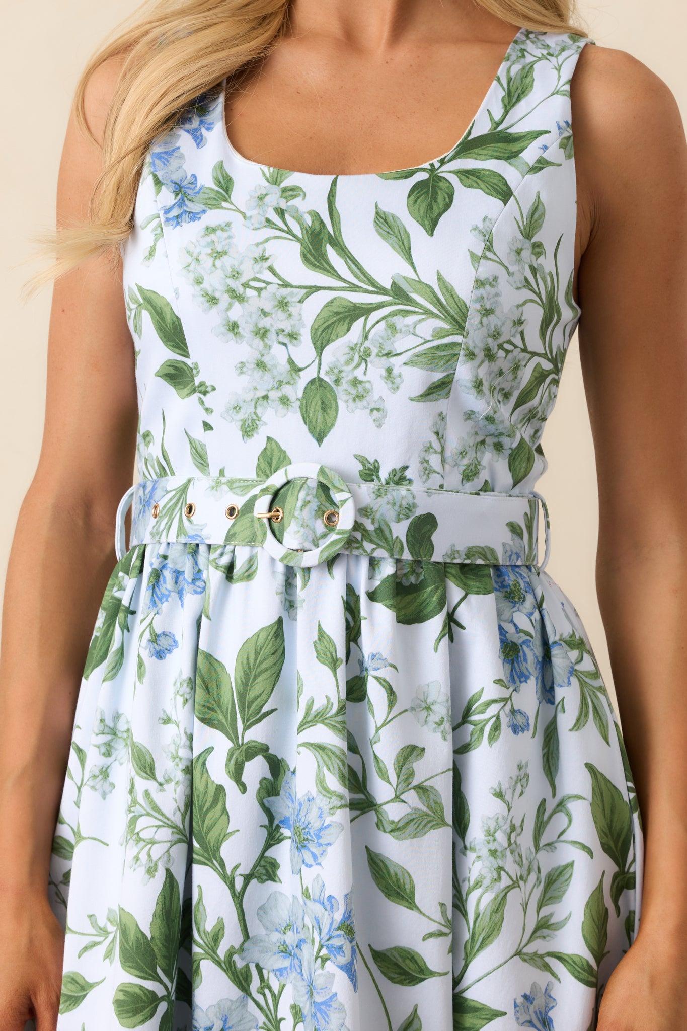 Ava Blue Lilacs Botanical Print Cotton Belted Midi Dress Product Image