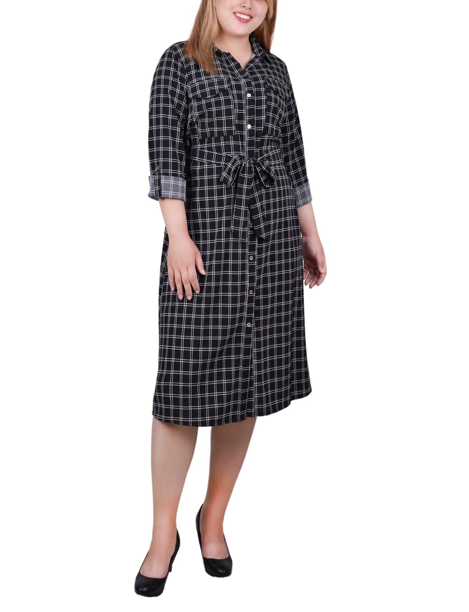 Black Gridview 3/4 Roll Tab Sleeve Belted Shirtdress - Plus Product Image