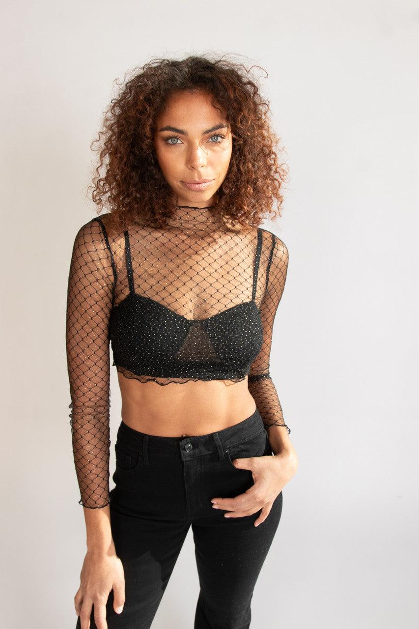 Gold Glitter Mesh Mock Neck Top Product Image