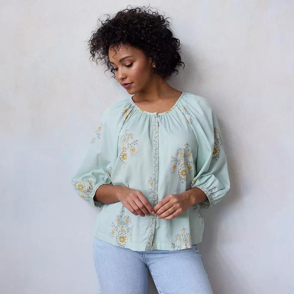 Petite LC Lauren Conrad Raglan Sleeve Button Front Top, Women's, Size: XXL Petite, Green Lexi Wallpaper Product Image