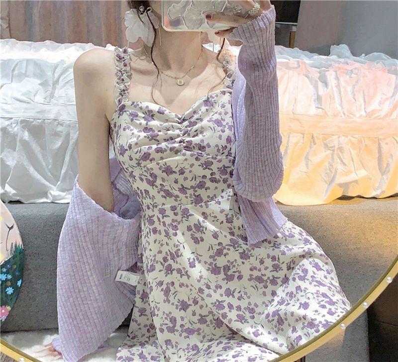 Spaghetti Strap Floral Print Mini A-Line Dress / Cardigan Product Image