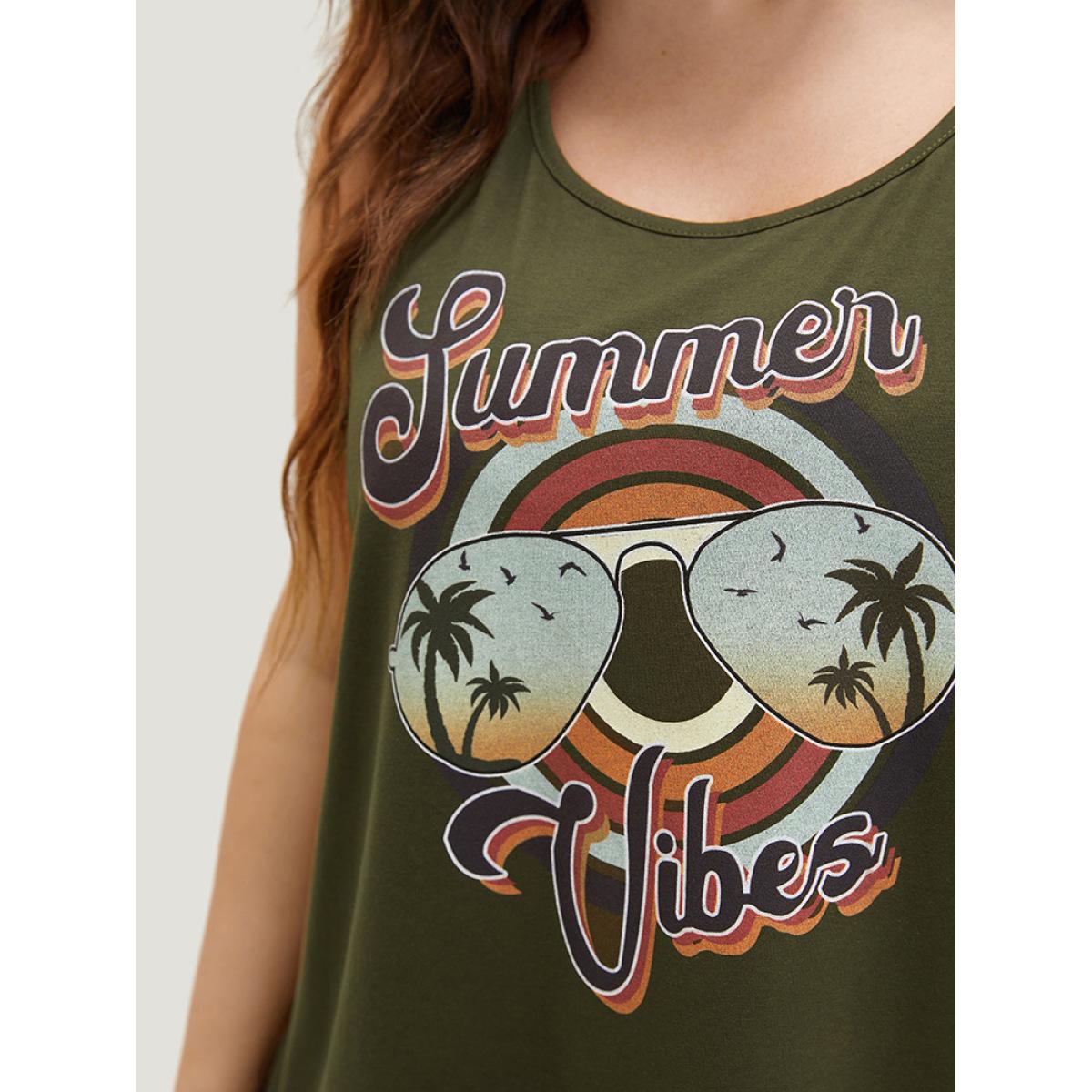 Plus Size Letter & Graphic Print Round Neck Tank Top Women ArmyGreen Casual Dailywear Tank Tops Camis BloomChic 12/L Product Image