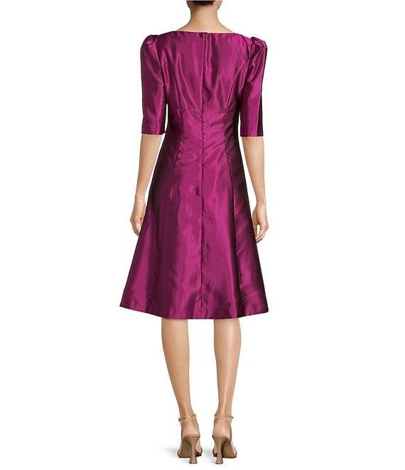 Kay Unger Boat Neck Short Puffed Sleeve Jacquard A-Line Dress Product Image