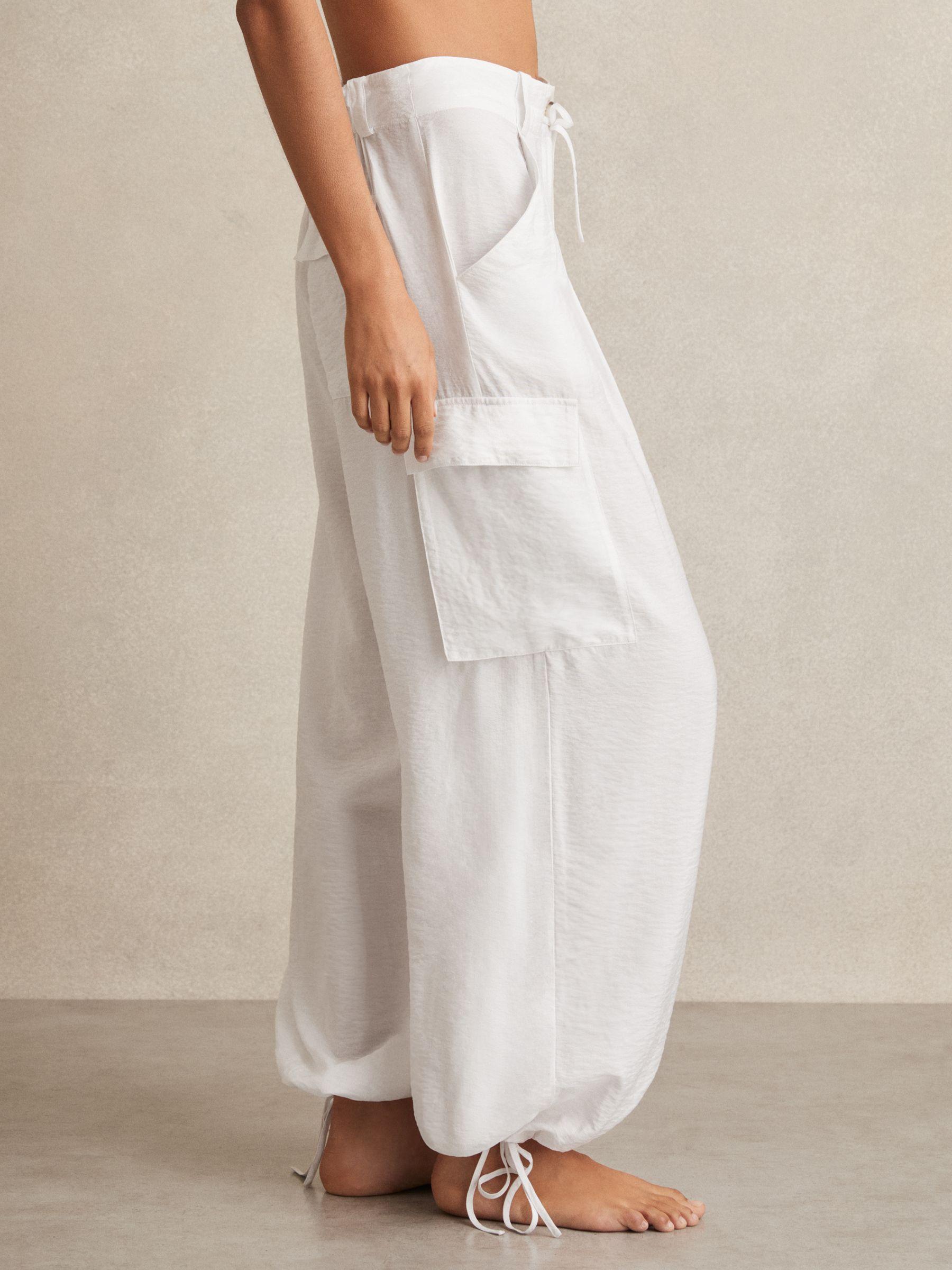 Drawstring Tie-Cuff Cargo Trousers in White Product Image