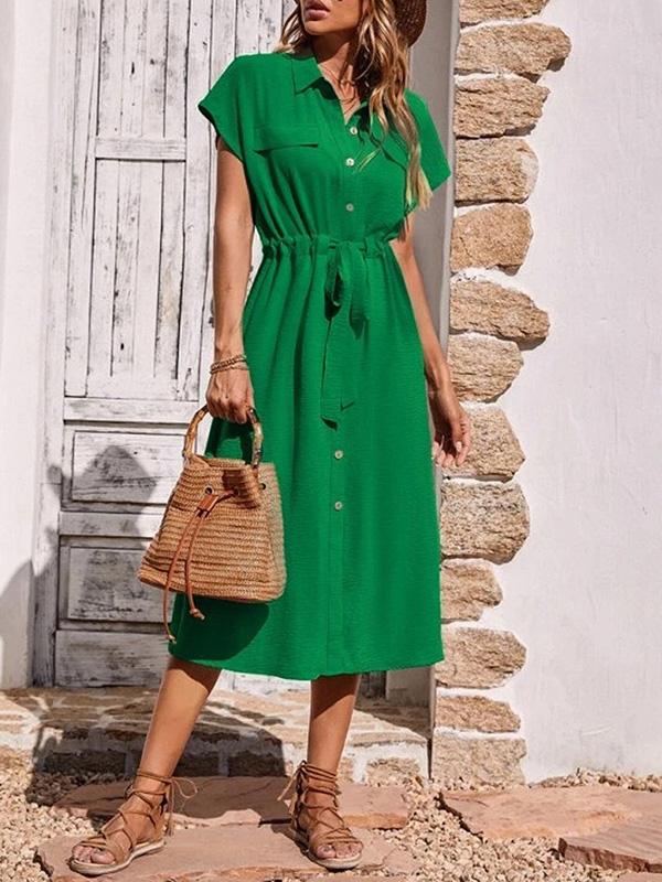 Raglan Sleeve Drawstring Pleated Split-Joint Lapel Midi Dresses Shirt Dress Product Image