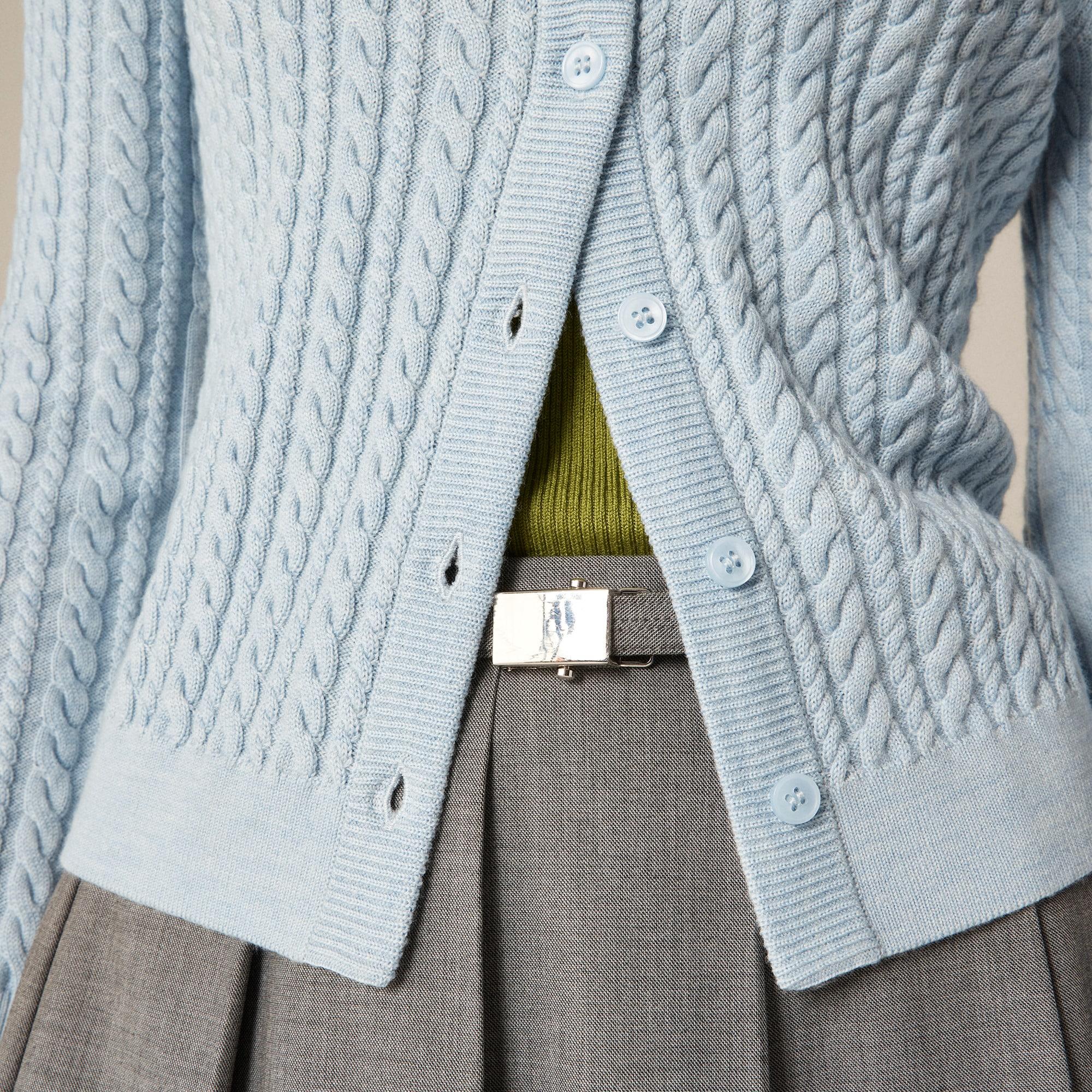 Cable-knit crewneck cardigan in merino wool Product Image