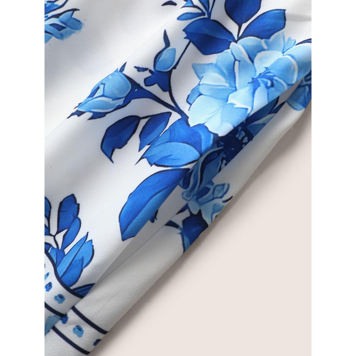 Plus Size Boho Print Halter Neck Shirred Tie Knot Dress LightBlue Women Elegant Tie knot Halter neck Sleeveless Curvy BloomChic 12/L Product Image