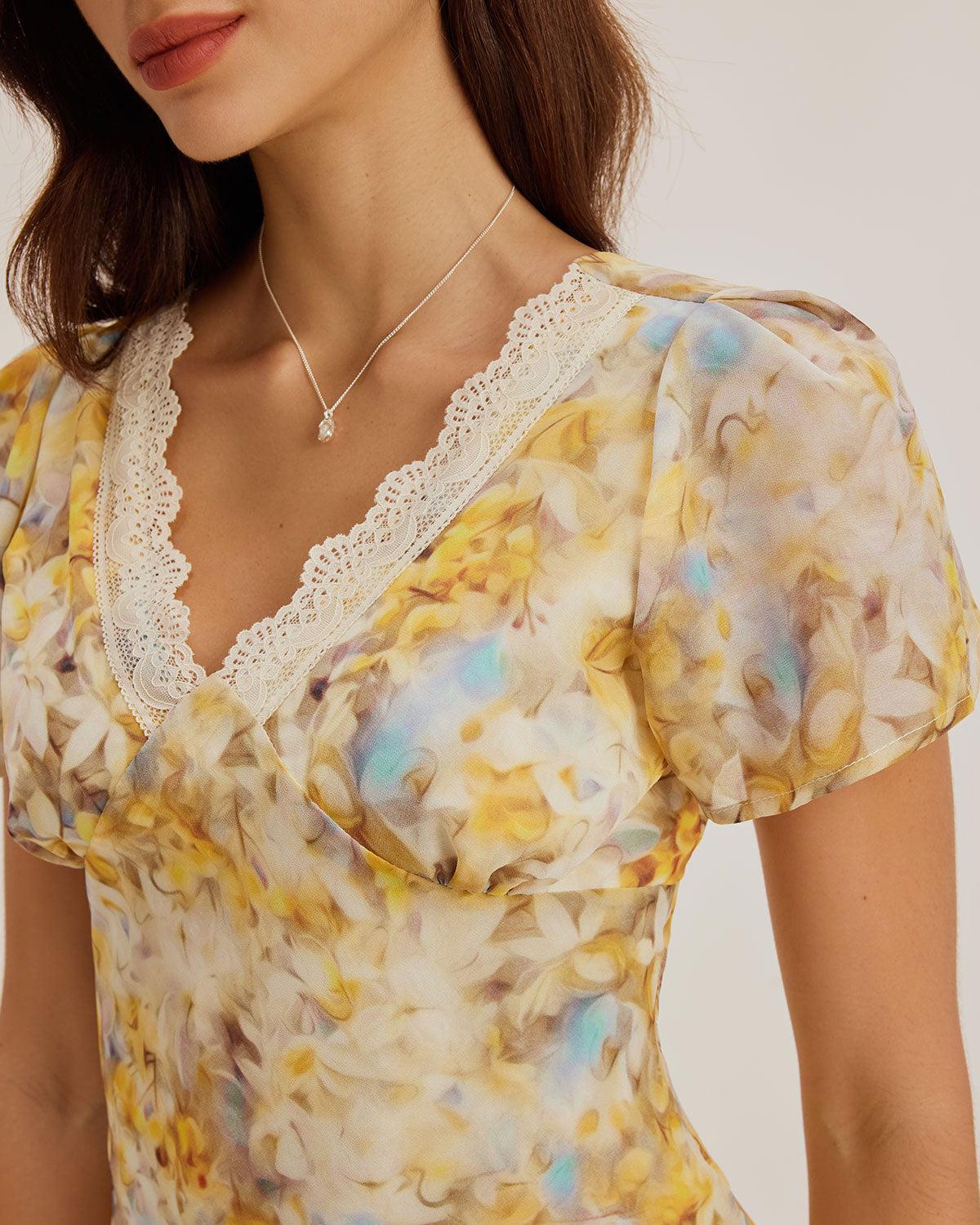 Yellow Floral Chiffon V Neck Maxi Dress Product Image