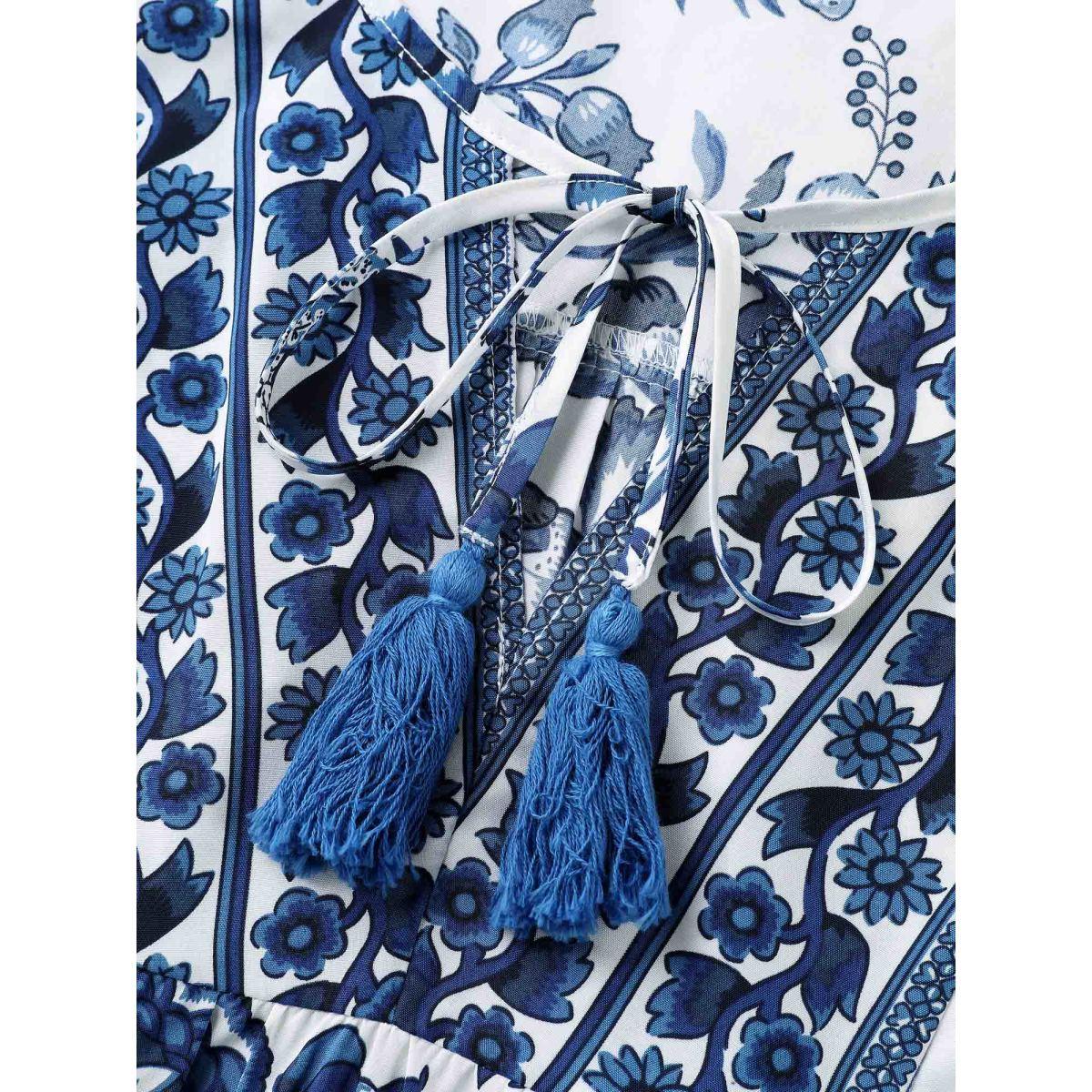 Plus Size Mediumblue Floral Print Neck Tassels Blouse Women Boho Half Sleeve V-neck Vacation Blouses BloomChic 28/5X Product Image