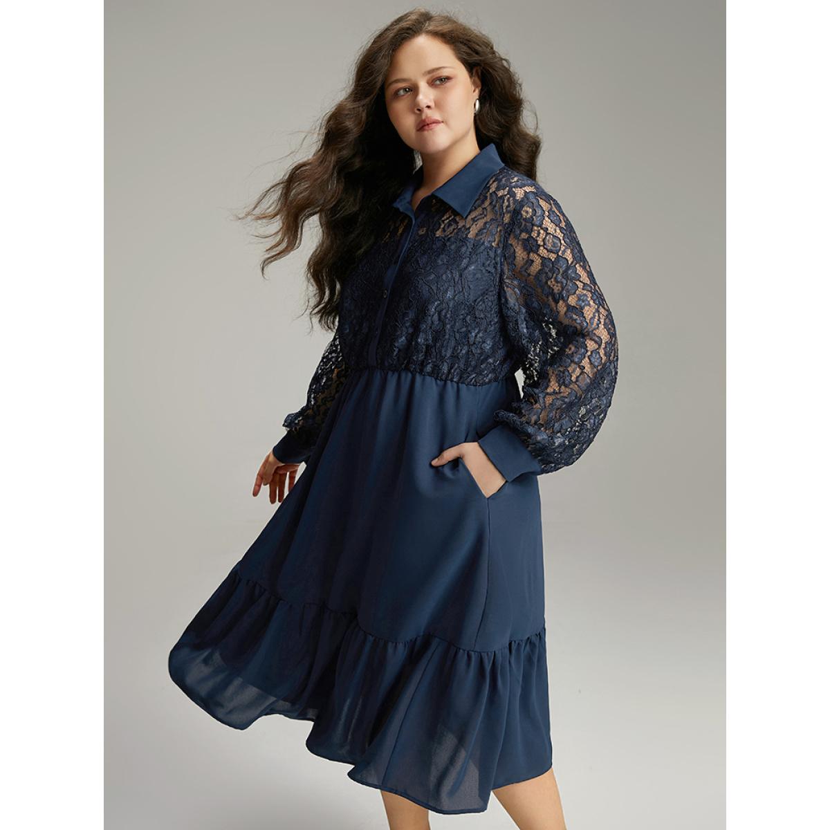 Plus Size Contrast Lace Shirt Collar Ruffle Hem Dress Indigo Women Office Plain Shirt collar Long Sleeve Curvy Midi Dress BloomChic 28/5X Product Image