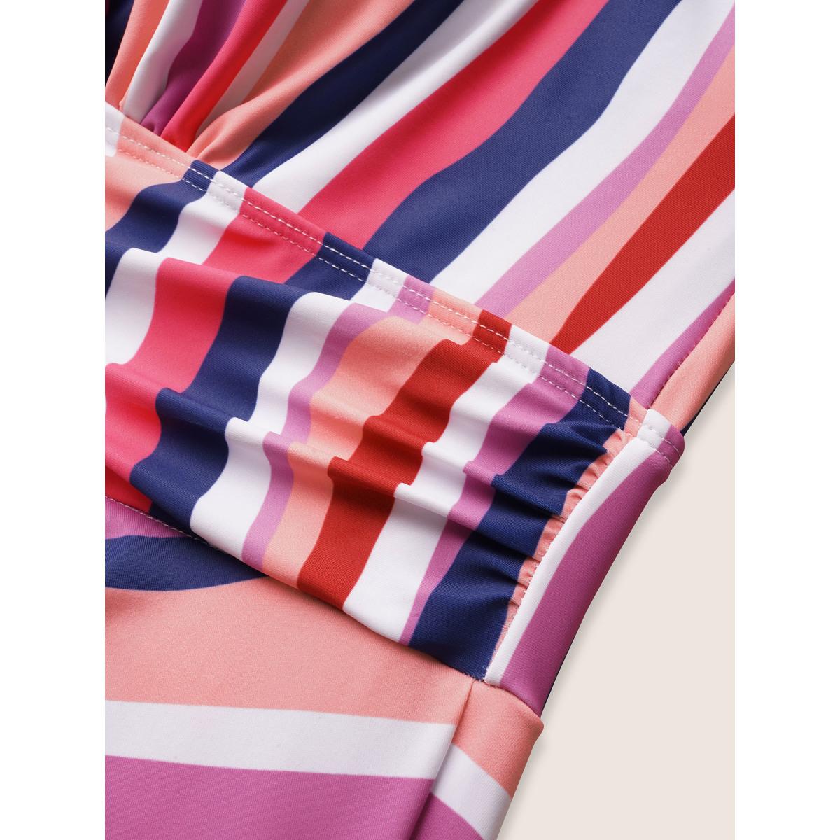 Plus Size Overlap Collar Striped Tie Knot Swim Dress Women's Swimwear Multicolor Beach Bodycon Overlap Collar High stretch Curve Swim Dresses BloomChic 26/4X Product Image