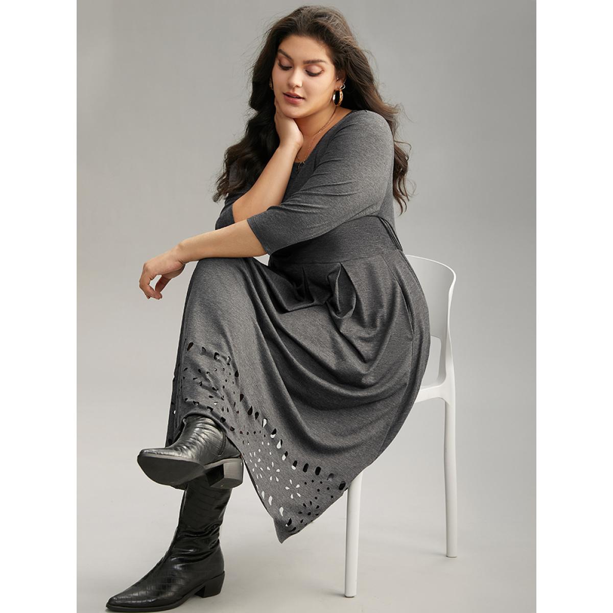Plus Size Plain Elastic Waist Laser Cut Crew Neck Dress Gray Women Casual Plain Round Neck Elbow-length sleeve Curvy Midi Dress BloomChic 22-24/3X Product Image