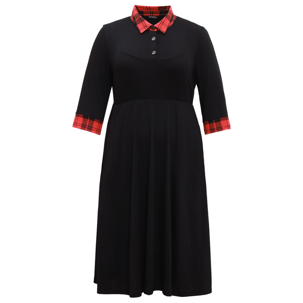 Plus Size Plaid Patchwork Shirt Collar Button Up Dress Black Women Casual Printed Shirt collar Elbow-length sleeve Curvy Midi Dress BloomChic 14-16/1X Product Image
