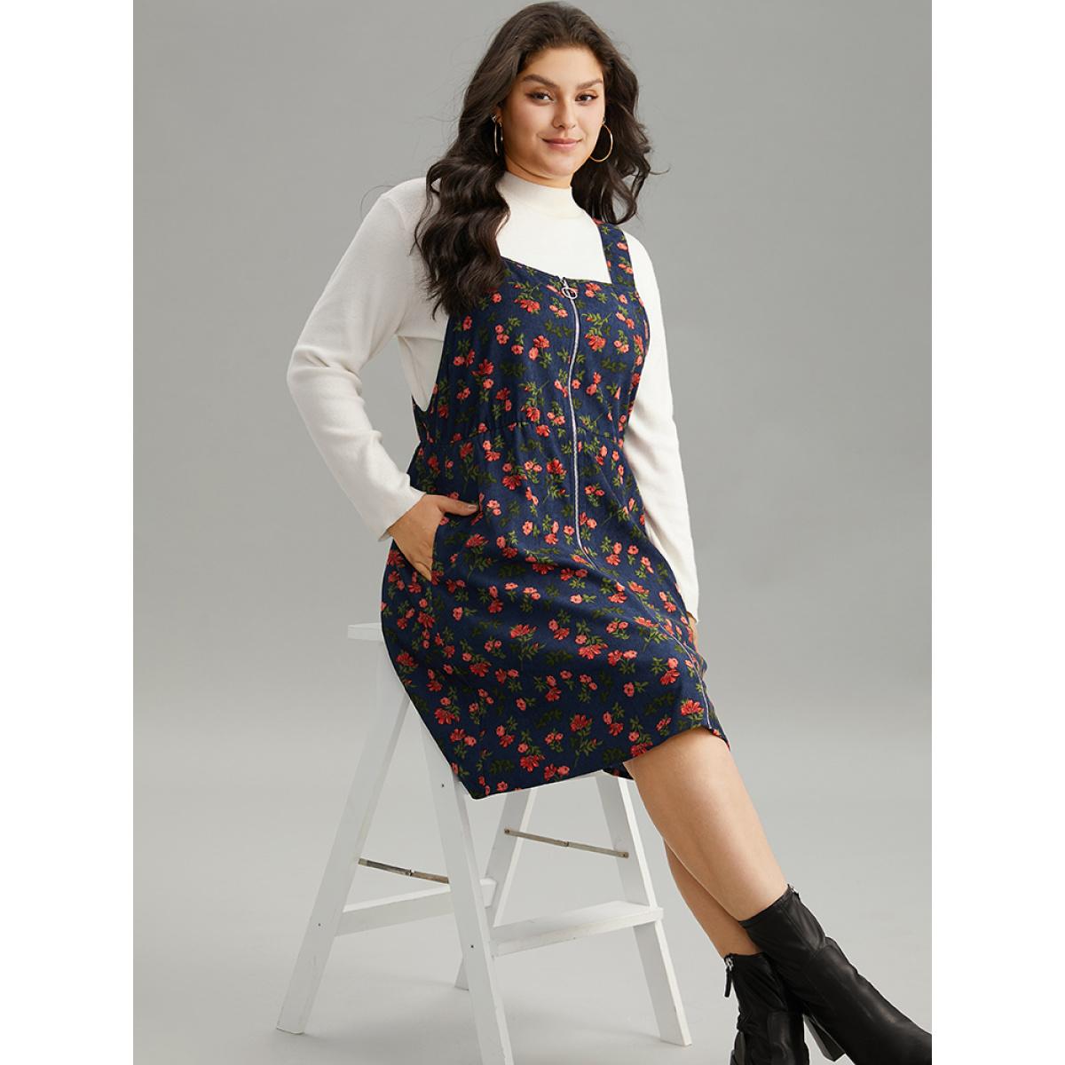 Plus Size Ditsy Floral Corduroy Pocket Zipper Fly Cami Dress Stone Women Casual Printed Square Neck Sleeveless Curvy Knee Dress BloomChic 30/6X Product Image
