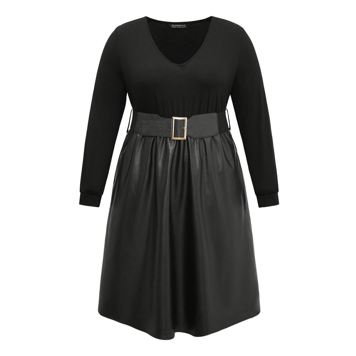 Plus Size PU Patchwork V Neck Dress With Belt Black Women Office Plain V-neck Long Sleeve Curvy Knee Dress BloomChic 26/4X Product Image