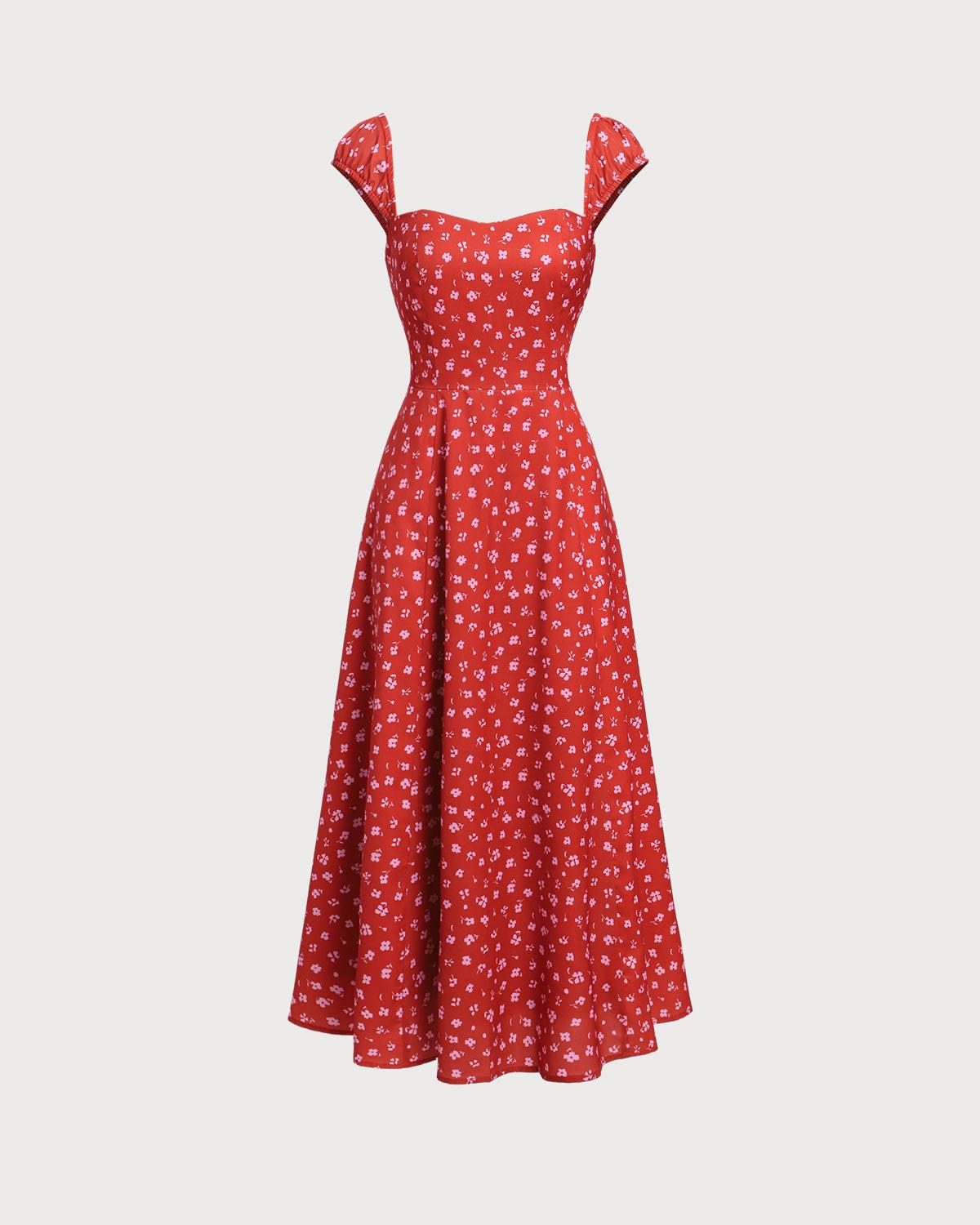 Red Floral Sweetheart Neck Cap Sleeve Midi Dress Product Image