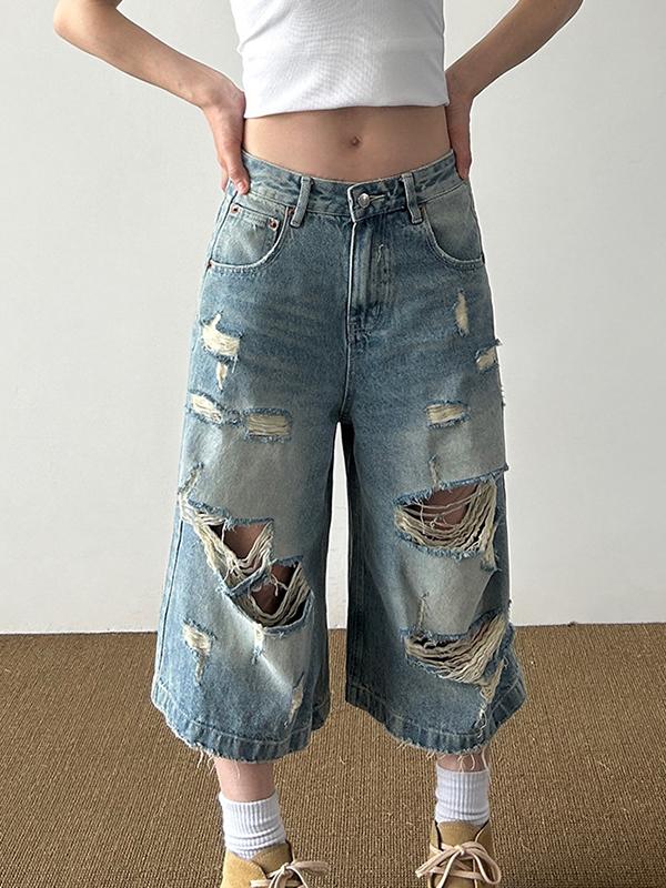 Vintage High Street Ripped Denim Shorts Product Image