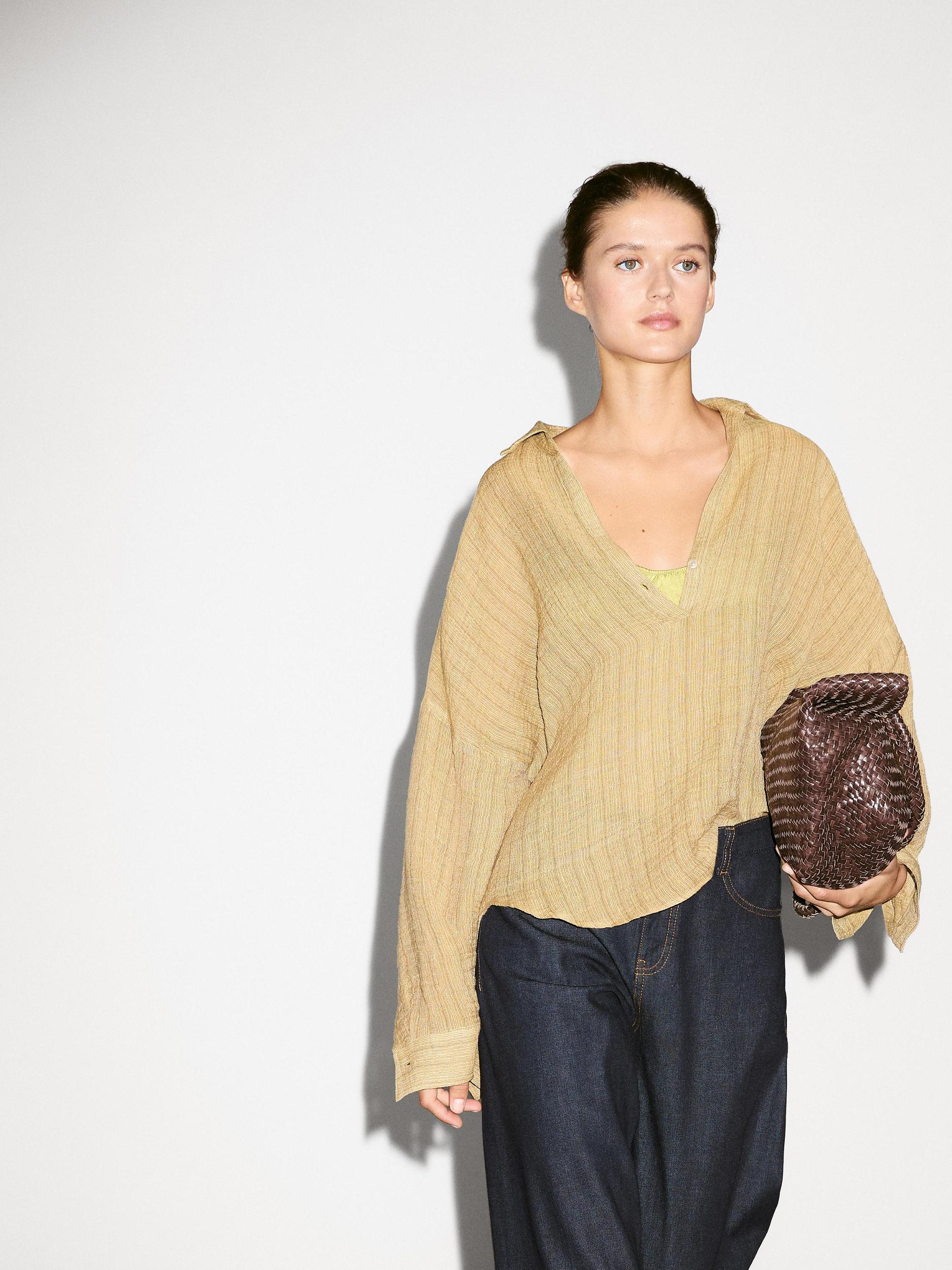 Linen blend open polo collar blouse Product Image