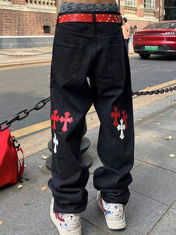 Men's Cross Patch Leather Loose Jeans Product Image