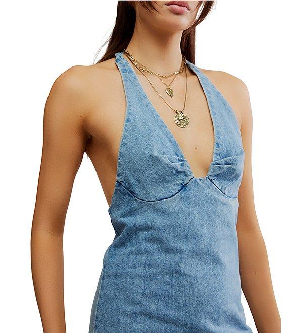 Free People Trevi Denim Sleeveless Plunging Halter Mini Dress Product Image