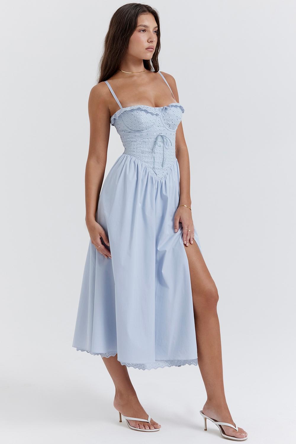 Jaime  soft blue cotton broderie anglais midi sundress Product Image