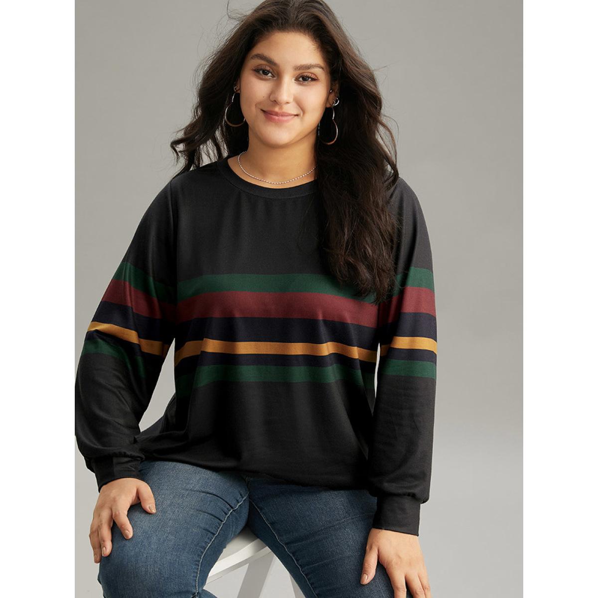 Plus Size Contrast Striped Basic Crew Neck Sweatshirt Women Black Casual Contrast Round Neck Dailywear Sweatshirts BloomChic 28/5X Product Image