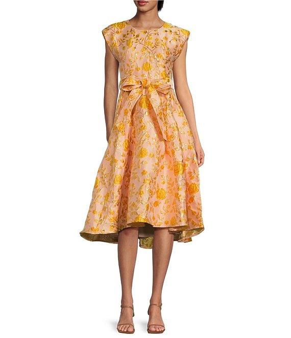 Abbey Glass Olivia Floral Jacquard Crew Neck Short Sleeve Self-Tie Belt Midi Dress Product Image