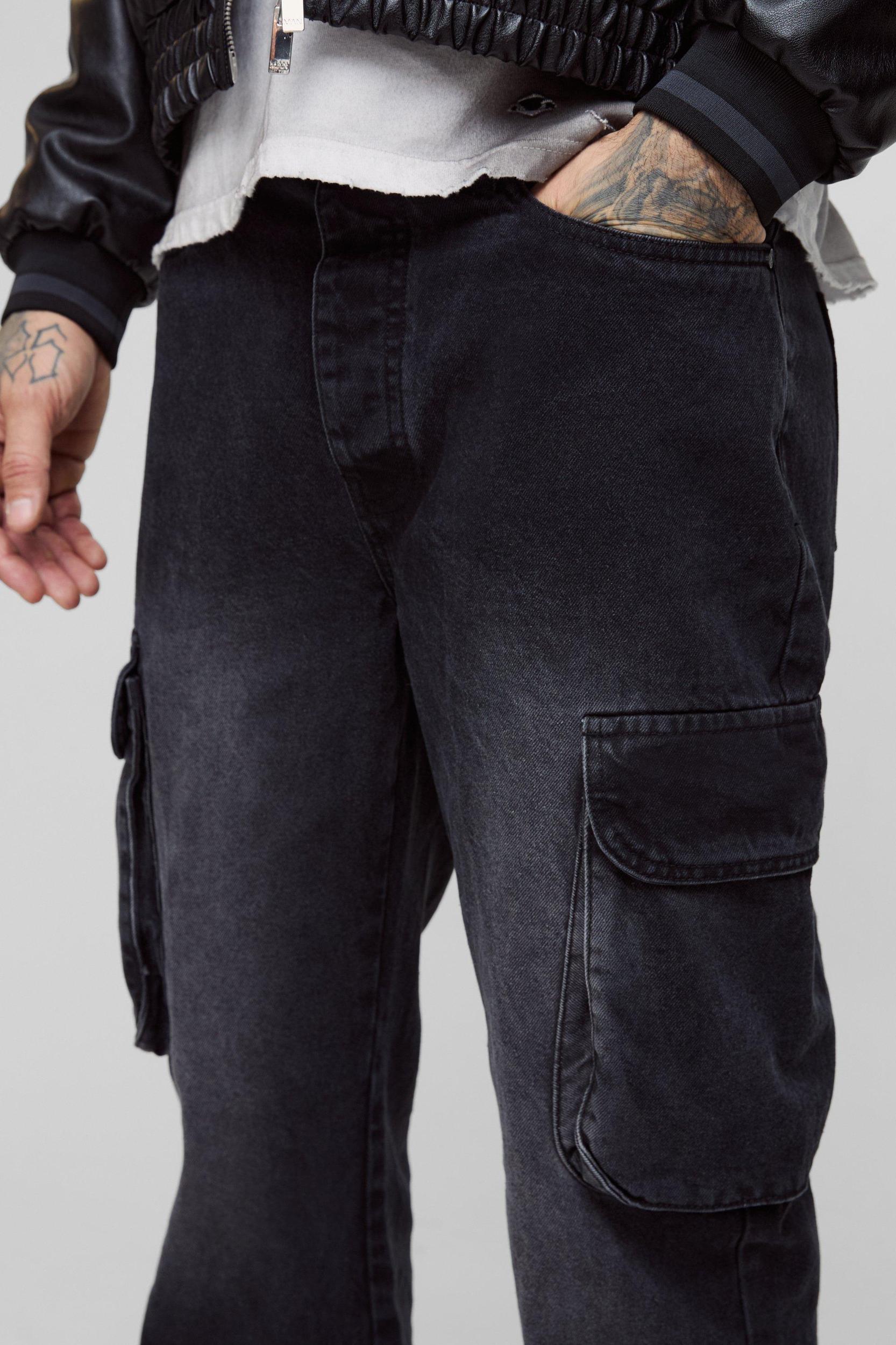 Tall Relaxed Rigid Flare Cargo Jeans | boohooMAN USA Product Image