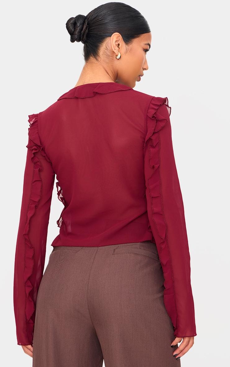 Burgundy Chiffon Ruffle Fitted Tie Front Blouse Product Image