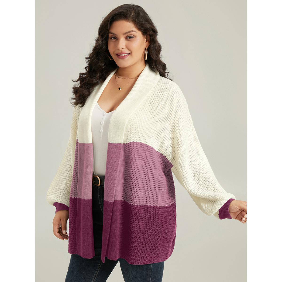Plus Size Colorblock Lapel Collar Lantern Sleeve Contrast Cardigan RedViolet Women Casual Loose Long Sleeve Dailywear Cardigans BloomChic 14-16/1X Product Image