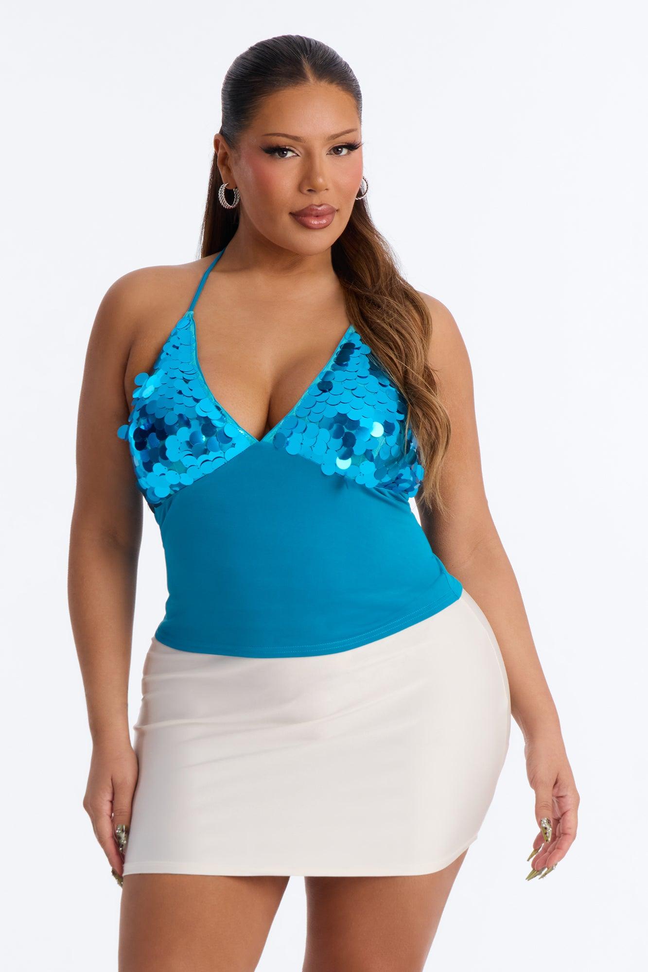 Cabo Heat Sequin Halter Top - Blue Female Product Image