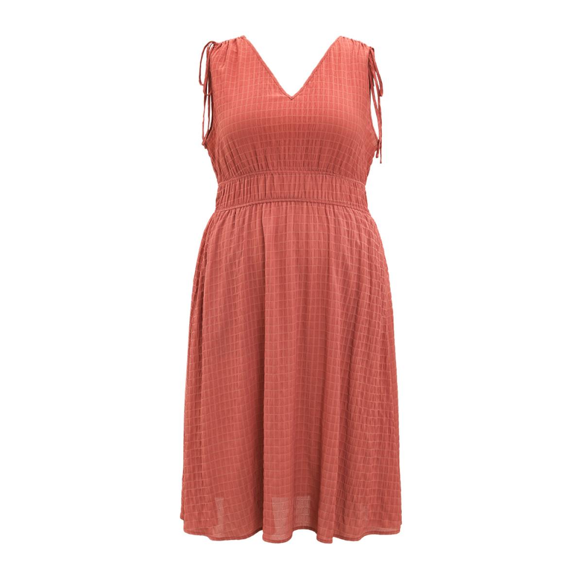 Plus Size V Neck Drawstring Sleeveless Pocket Elastic Waist Dress Coral Women Elegant Gathered V-neck Sleeveless Curvy Midi Dress BloomChic 12/L Product Image