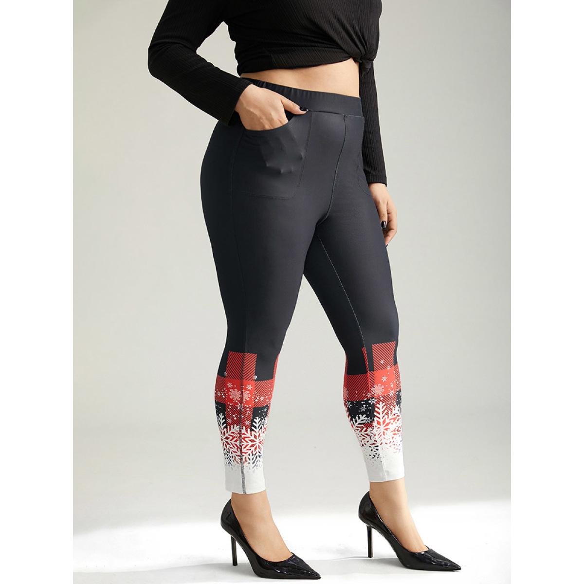 Plus Size Snowflakes Plaid Pocket Skinny Leggings Women Black Elegant High stretch Skinny High Rise Festival-Christmas Leggings BloomChic 14-16/1X Product Image