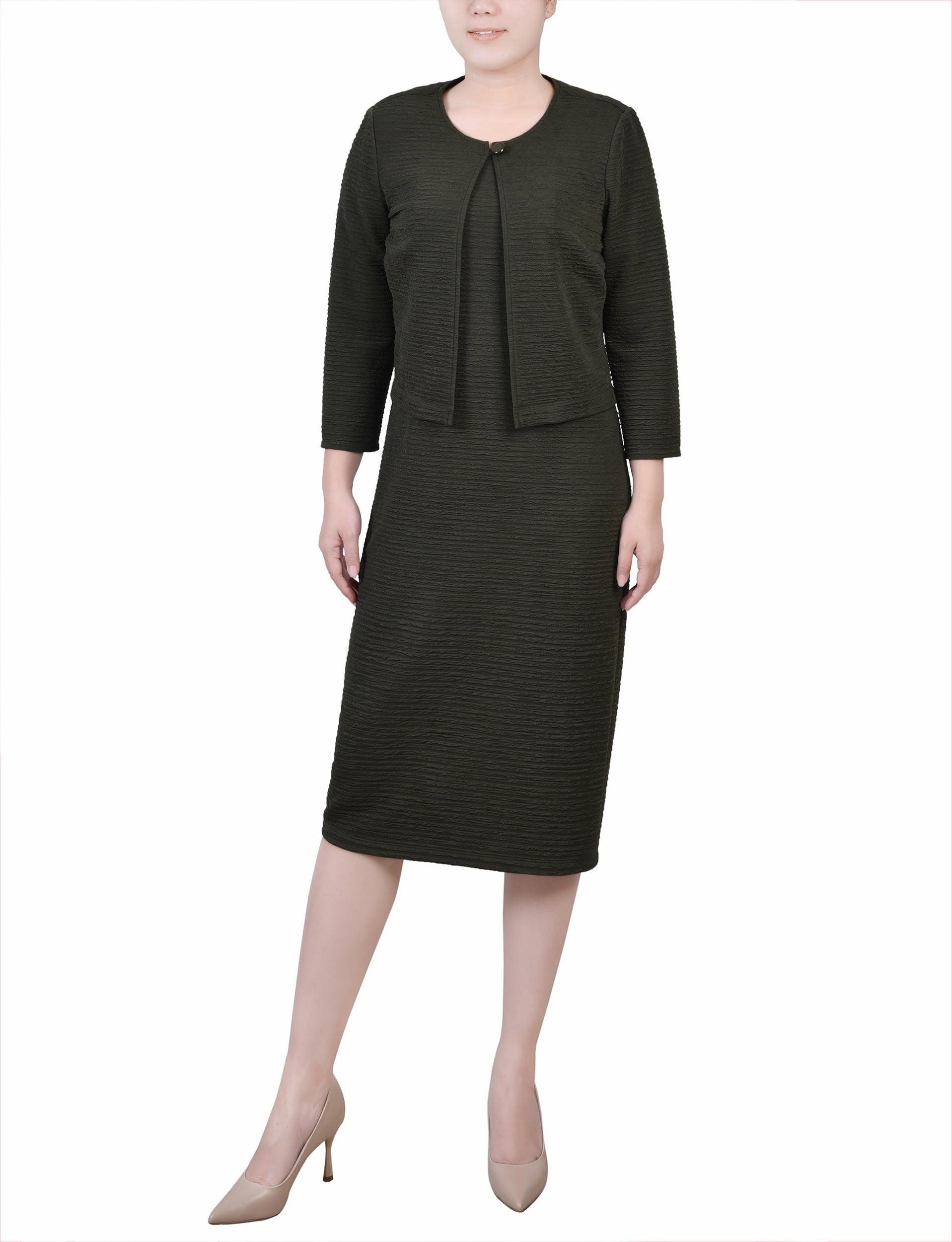 Olive Textured 3/4 Sleeve 2 Piece Dress Set Product Image