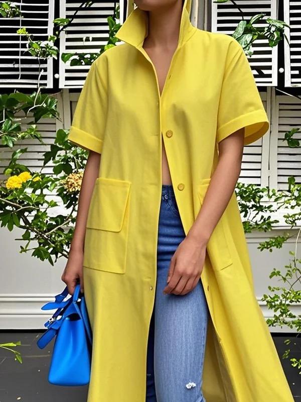 Loose Short Sleeves Buttoned Pockets Solid Color Stand Collar Blouse Outerwear Midi Dress Product Image