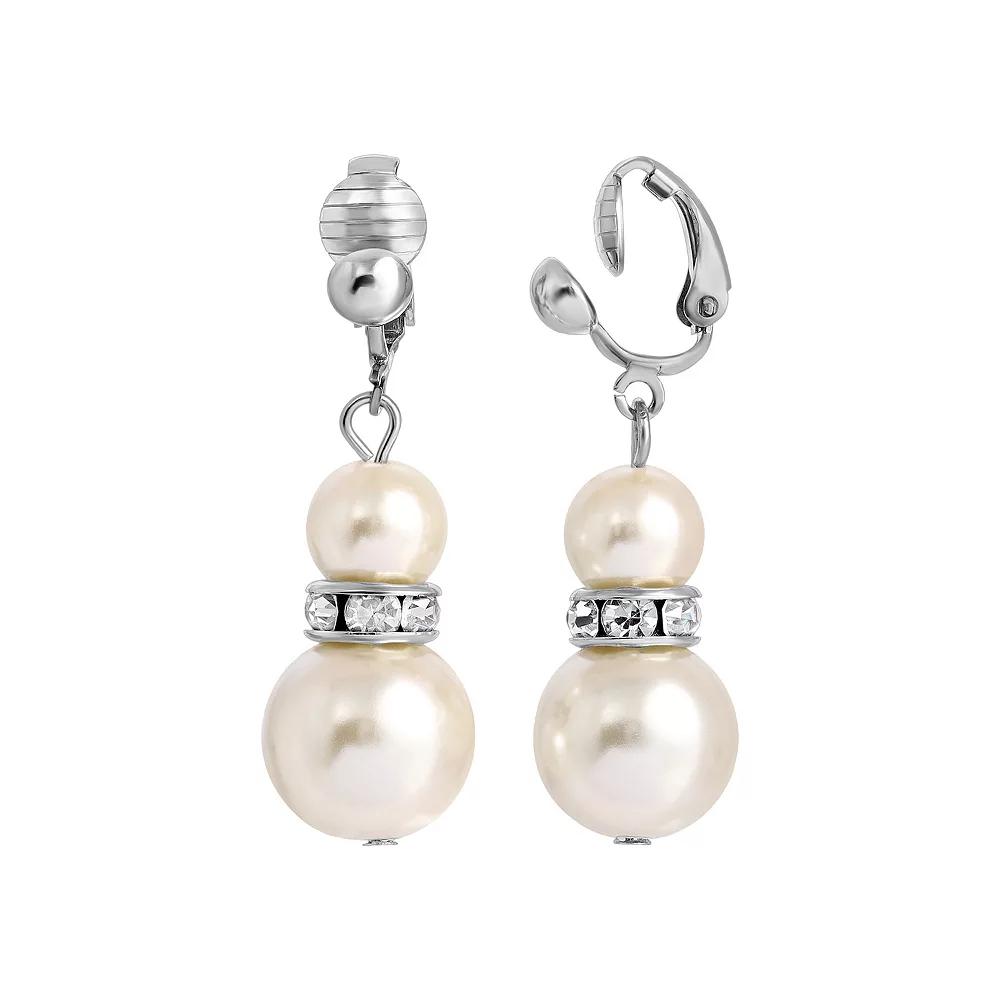 1928 Silver Tone Faux Pearl & Crystal Clip Earrings, Womens, White Product Image