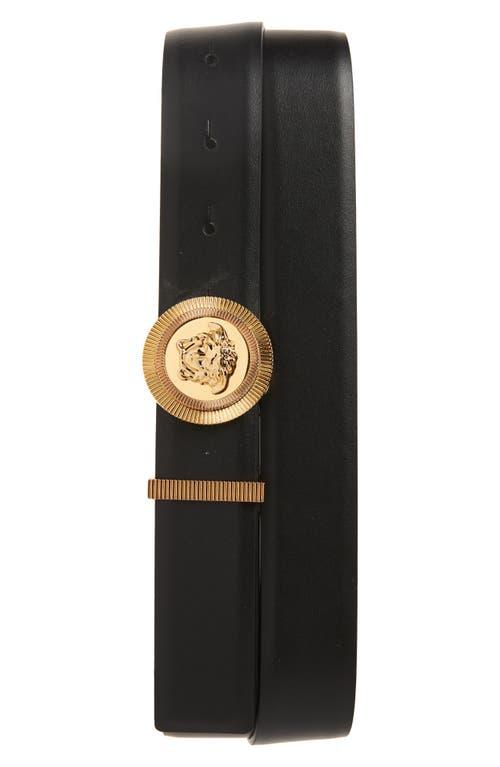 VERSACE Medusa Streamlined Leather Belt With Adjustable Length And Gold-tone Buckle In Black Product Image