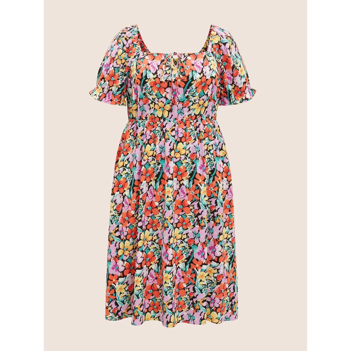 Plus Size Square Neck Floral Drawstring Split Hem Dress Black Women Elegant Gathered Square Neck Short sleeve Curvy BloomChic 14-16/1X Product Image