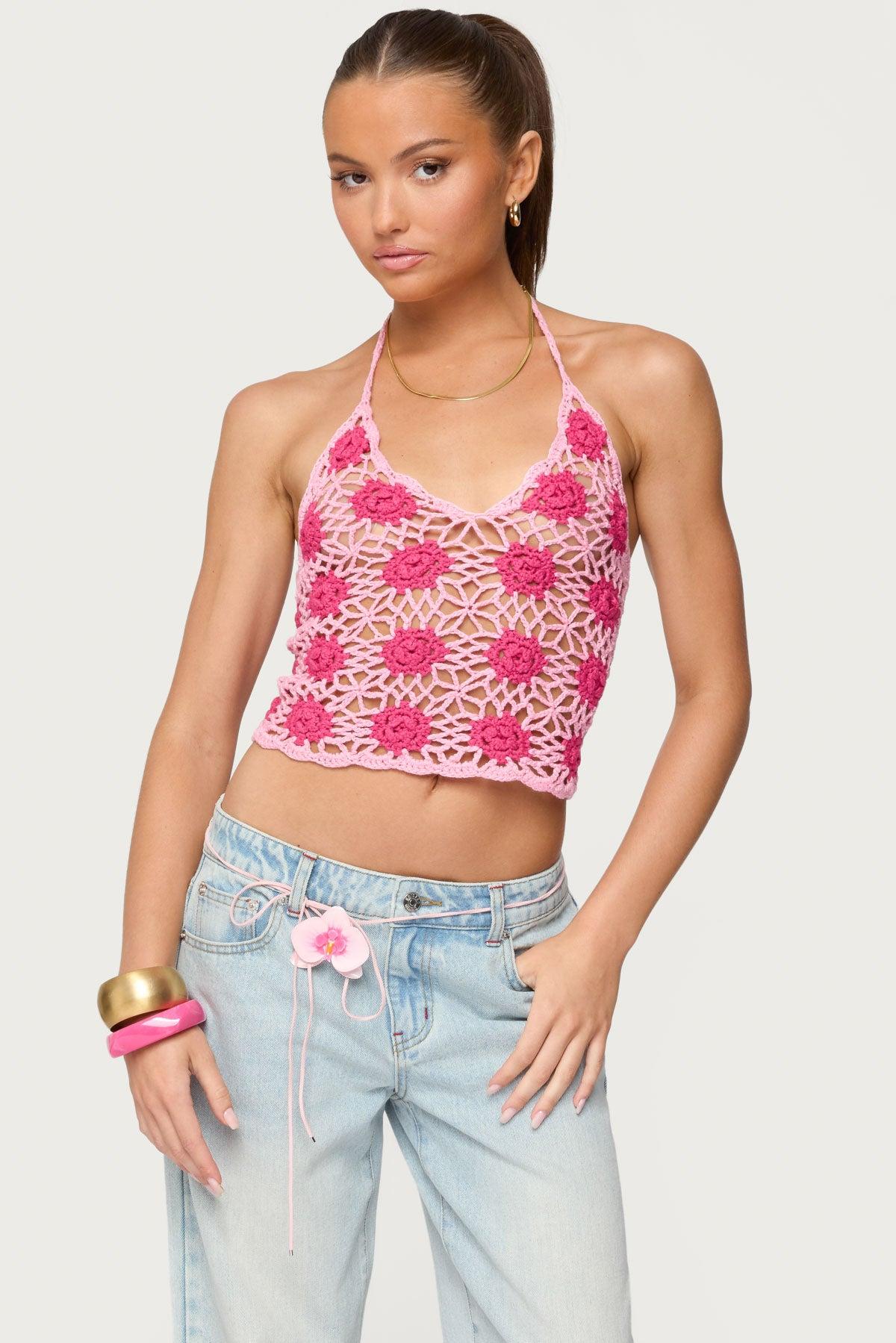 Contrast Floral Crochet Halter Top Product Image