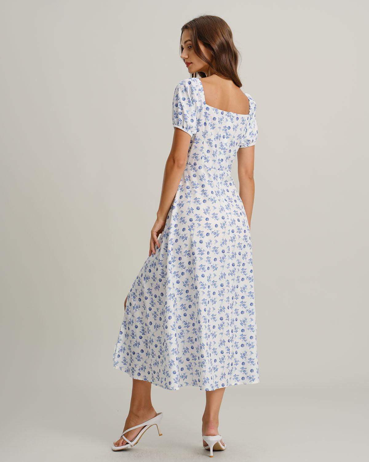 Blue Floral Square Neck Ruched Midi Dress Product Image