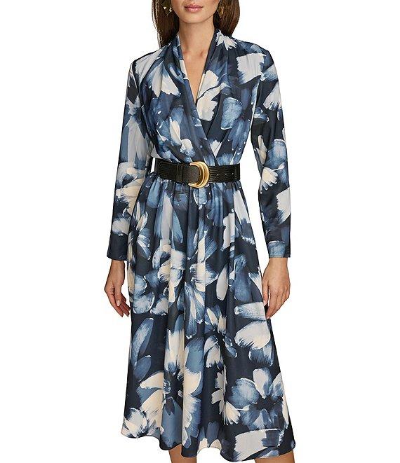 Donna Karan V-Neck Long Sleeve Belted Fit and Flare Midi Dress Product Image