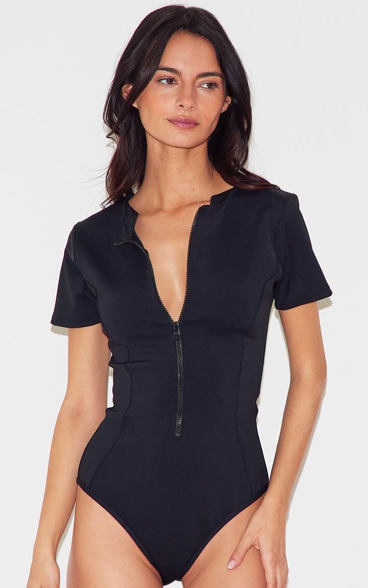 Black Scuba Zip Up Swimsuit Product Image