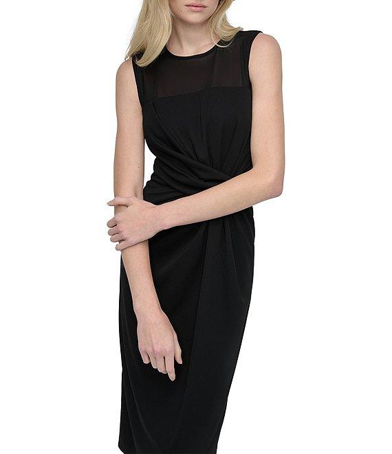 DKNY by Donna Karan Mesh Crew Neck Twisted Front Sheath Midi Dress Product Image